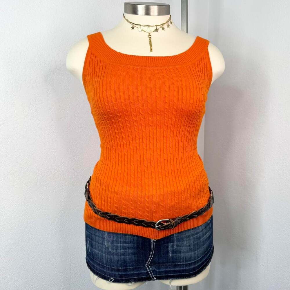 Vintage Orange Cable Knit Tank Top Jeanne Pierre Size Large